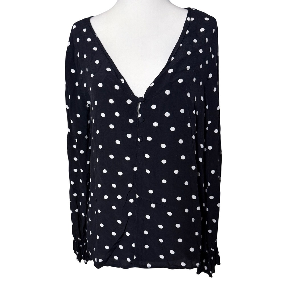 Sanctuary Black White Polka Dot Rayon Blouse Ruffle Cuff V Neck Top Medium